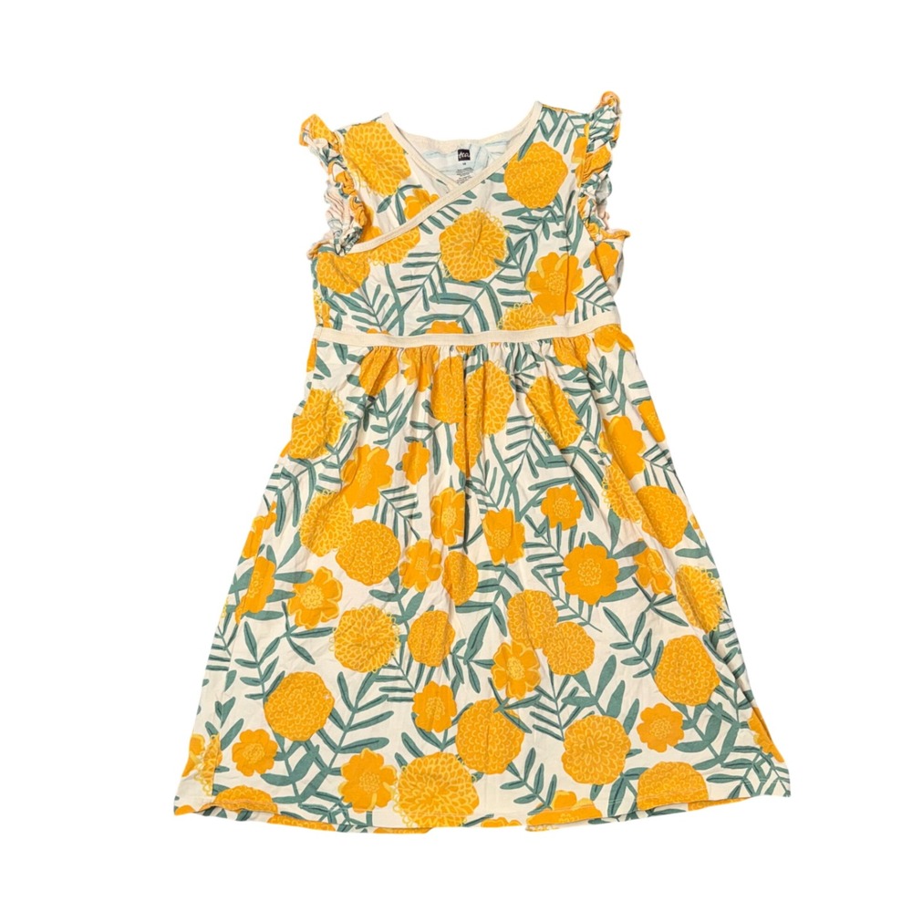 Tea Collection Floral Dress Girls 14 Yellow Marigold Good Ruffle Sleeve Cotton